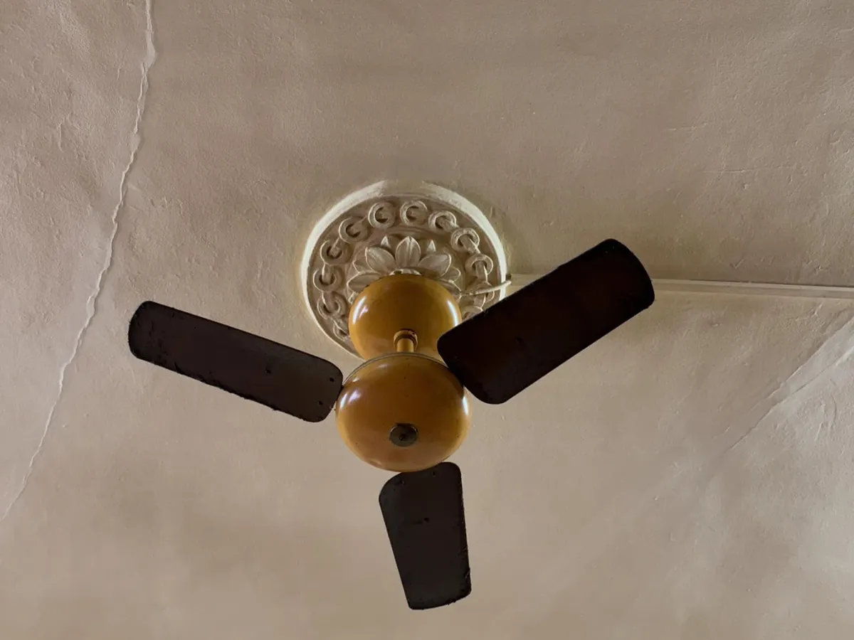 El mismo ventilador de techo con las aspas llenas de polvo, antes